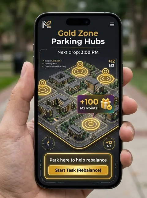 Phone screen showing the planned M2 Gold Zone parking hubs map with a reward for parking in a hub