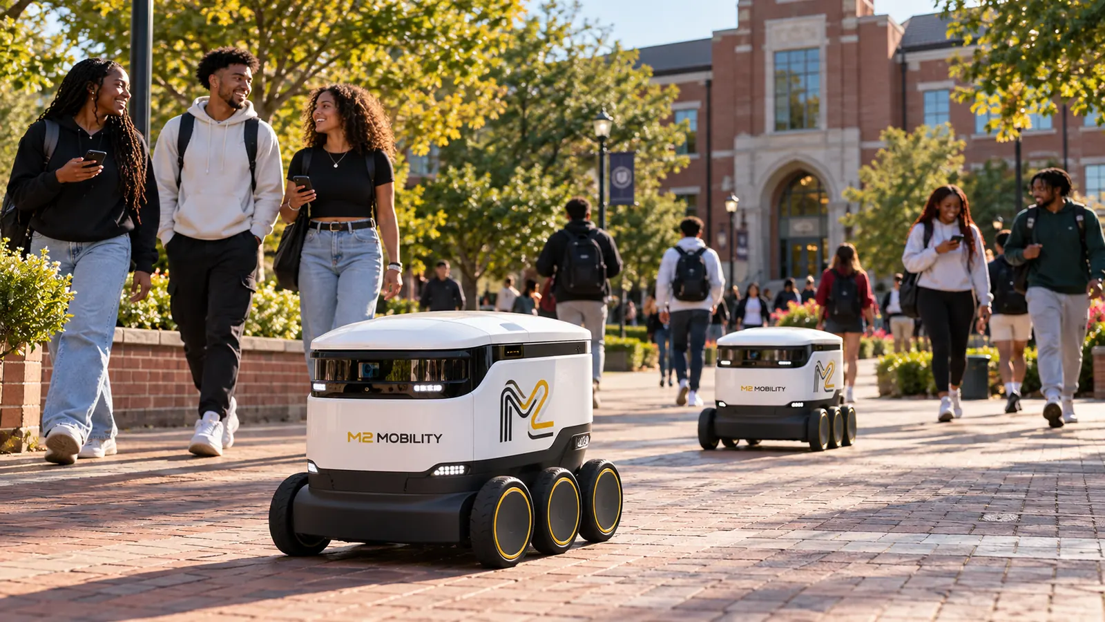 Students walking across a brick campus quad