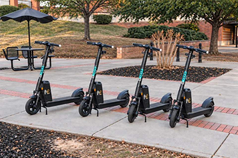 Four black M2 shared scooters parked on a brick and concrete walkway