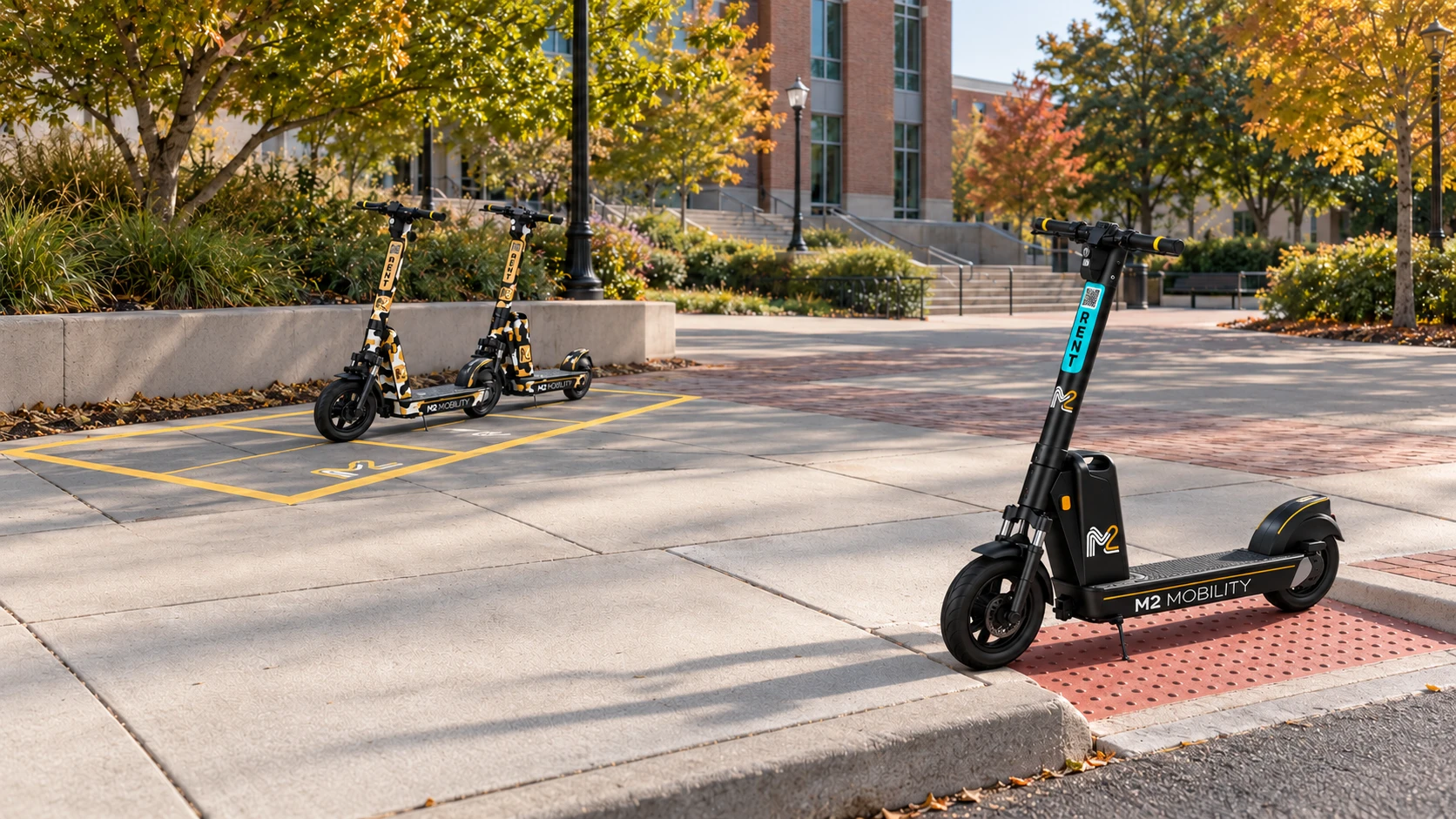 The same campus setting with the Original M2 scooter blocking the curb-ramp approach while the two camouflage editions remain in the bay