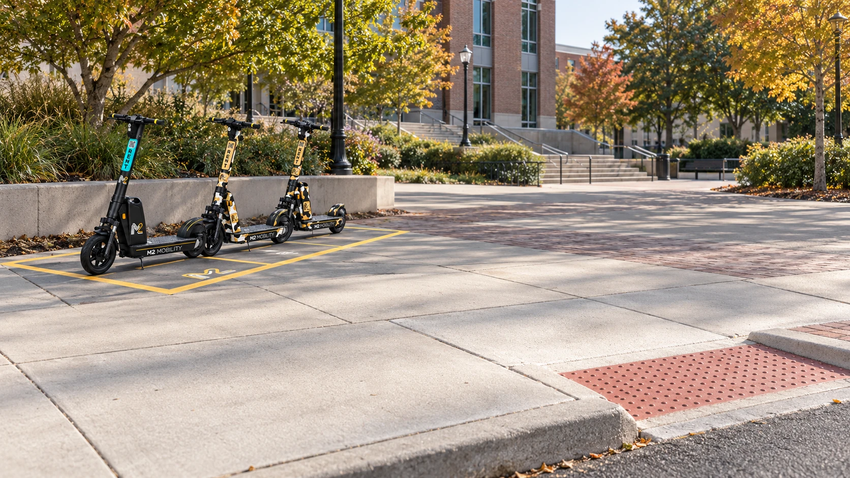 Three M2 scooters, Original, White Camo and Black Camo, parked in a marked bay beside a clear campus walkway and curb ramp