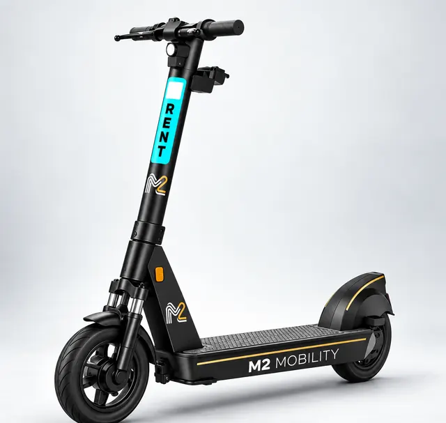 Studio render of a black M2 Mobility shared scooter with a teal rent panel on the stem