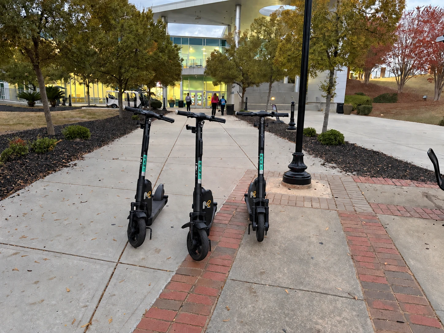 Three M2 mobility vehicles along a landscaped walkway