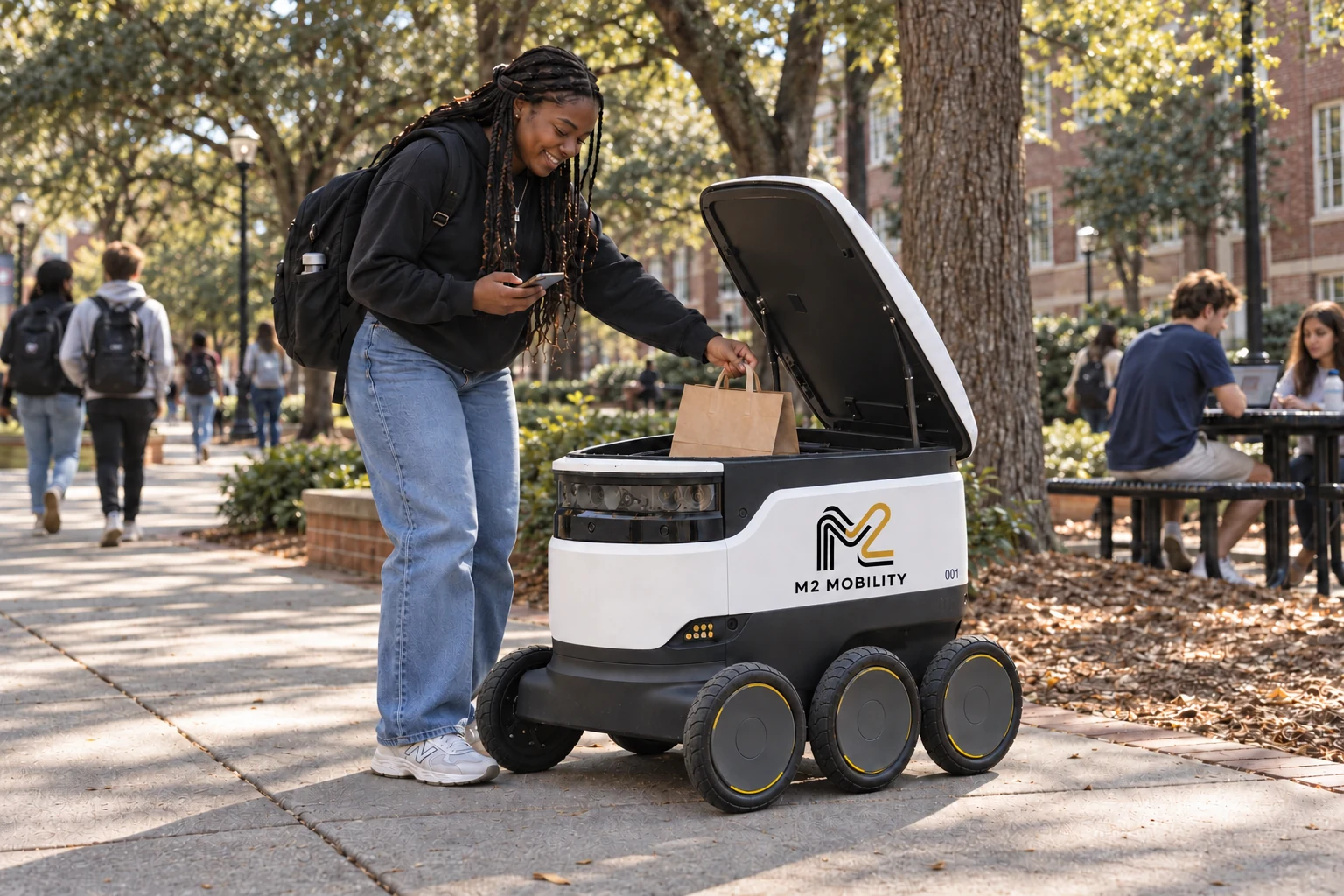 A resident collecting a food order from an M2 delivery robot