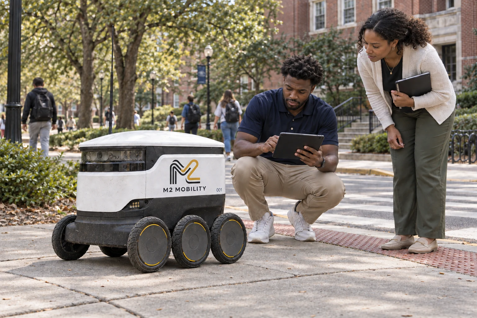Two M2 team members checking a delivery robot by a crosswalk