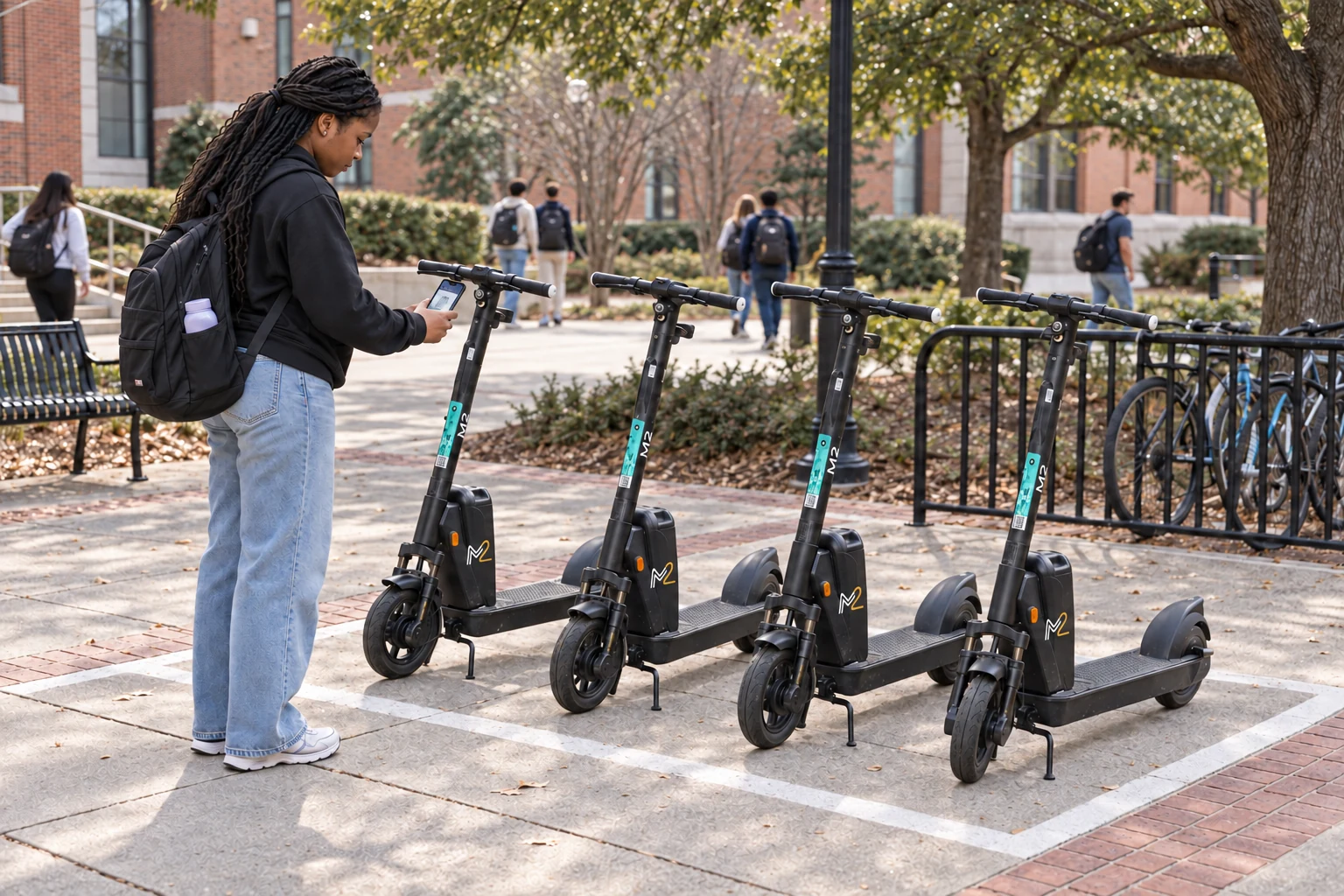 A student unlocking an M2 scooter with her phone